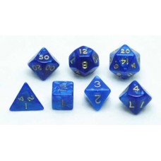 Dobbelsteen.Set 7 st.blauw marmer/parelm. Dobbelsteen.Set 7 st.blauw marmer/parelm.